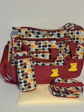 5 -IN-1 DIAPER BAG TOTE FOR BABY ESSENTIALS-WATER RESISTANT-GEOMETRIC DESIGN/RED